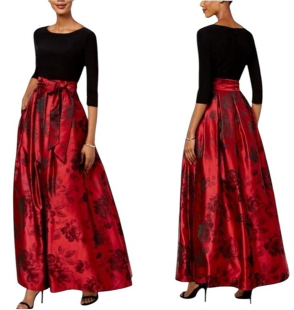 Jessica Howard Black Top with Red Floral Satin Maxi Dress